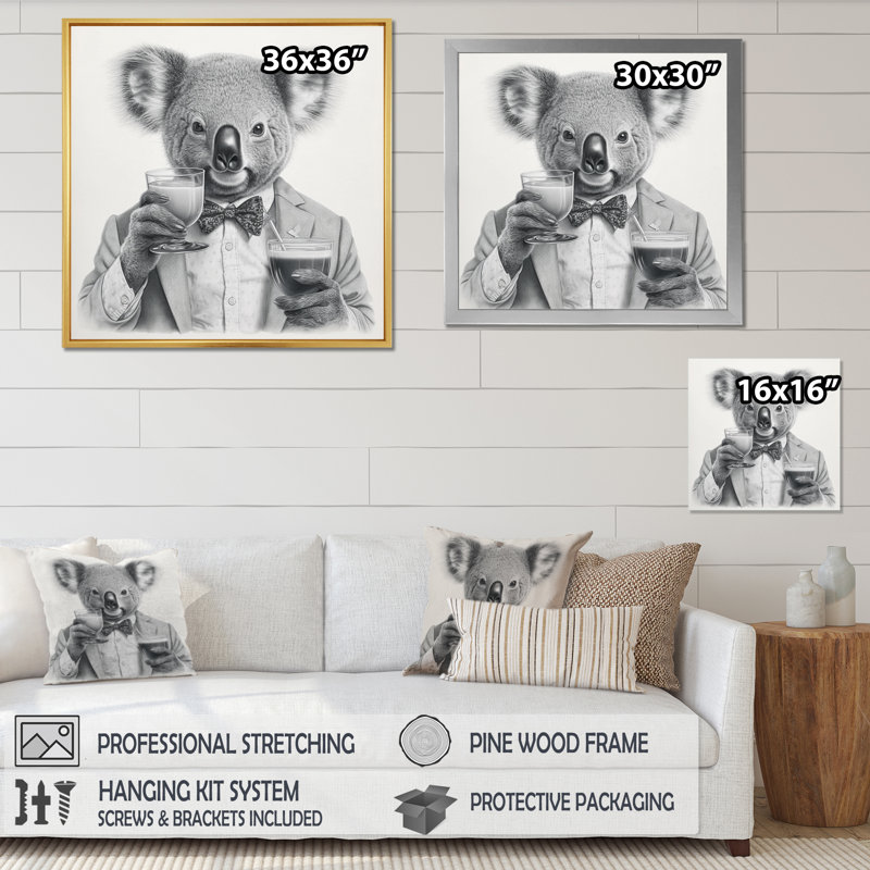 Koala ayant une boisson sur toile, Cadre photo noir, H 30 po x l 30 po x P 1 po