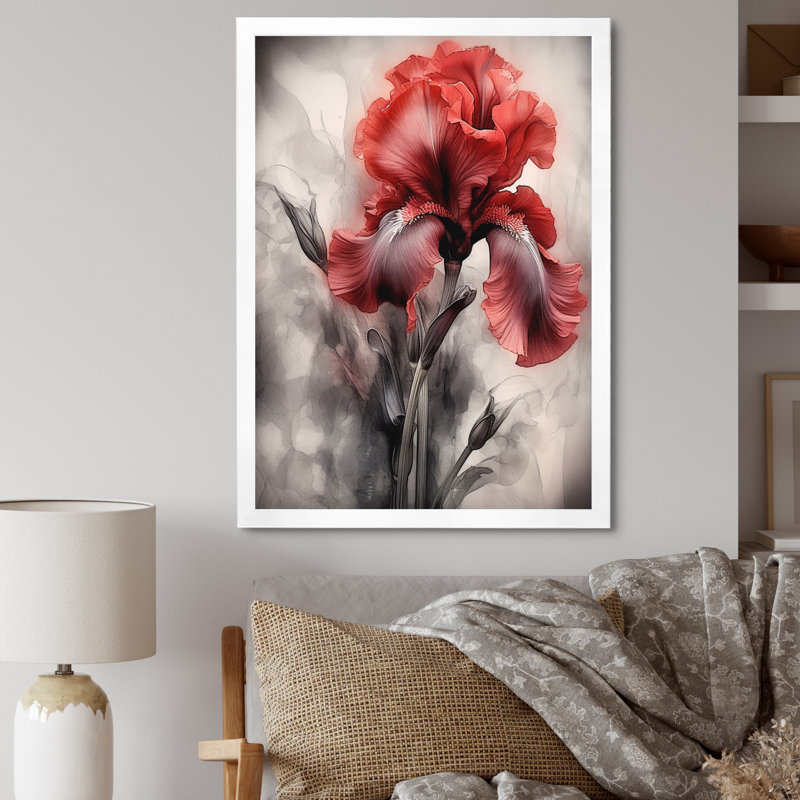 " Red Black Iris Petal II ", 32" H x 24" W x 1" D, White Picture Framed