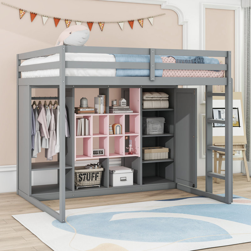 Wood Loft Bed With Wardrobe, Shelves And Cabinet, Gray/Pink, Full