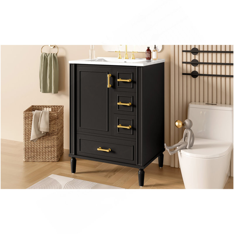 Meuble-lavabo moderne de 24 po avec lavabo en céramique, porte à fermeture douce, 3 tiroirs, poignées dorées et support de porte pour un rangement peu encombrant