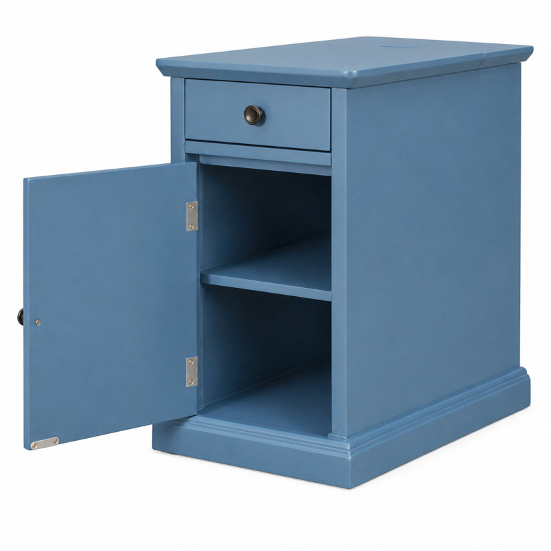 Table de chevet en bois massif à 1 tiroir Antwin, Bleu marine antique