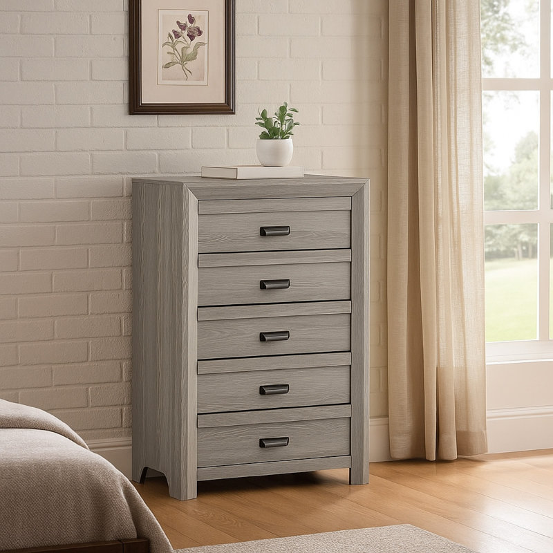 Laide Tall Dresser Chest With 5 Drawers, Cup Handles, Gray Driftwood Veneer