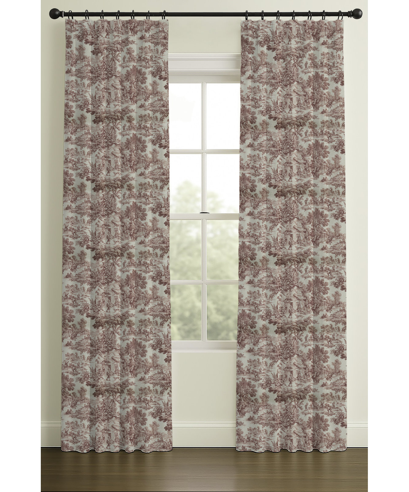 Murphy Toile Double-Lined Pleated Curtain, 33" W x 96" L, Red, Double Lining
