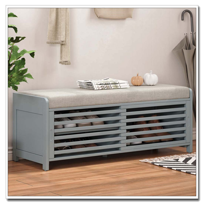 Distressed Shutter Storage Bench with Cushion and Sliding Door, Gray Washed