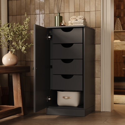 Armoire de rangement de salle de bain 100% bois massif, porte Shaker, 4 tiroirs, tablettes réglables, 16,5 po de largeur, 35,75 po de hauteur