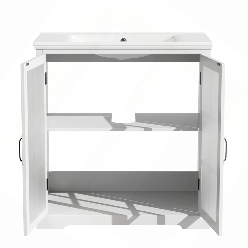 Meuble-lavabo moderne de 30 po avec lavabo en céramique, meuble-lavabo avec verre trempé et poignées, grand espace de rangement et structure en bois d'hévéa
