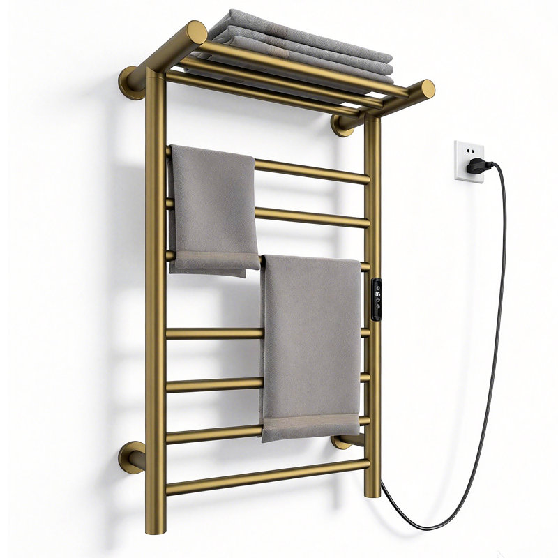 Porte-serviettes mural chauffant électrique avec tablette supérieure, Or mat