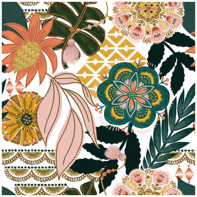  Boho Peel and Stick Wallpaper Tropical Floral Removable Contact Paper Stick on Wallpaper White/Pink/Green for Accent Wall Living Room17.3in x 32.8ft