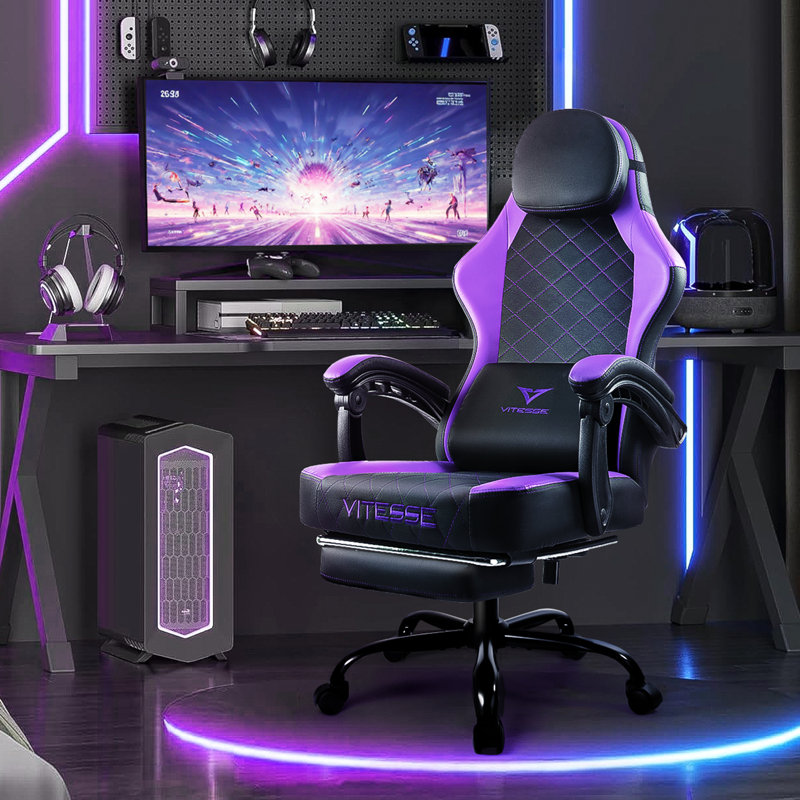 Adjustable Reclining Ergonomic Game Chair, Black/Purple
