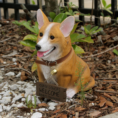 Tan Polyresin Welsh Corgi Dog Statue with Reversible Sign for Indoor/Outdoor Decor — 11.5" H X 13.5" L X 5.5" W