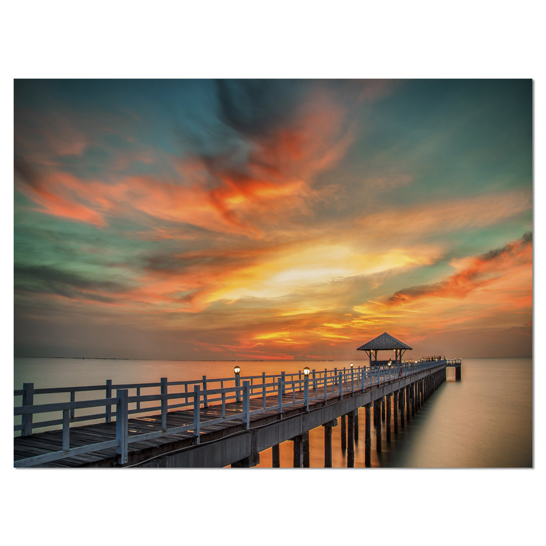 Colorful Sky and Long Wooden Pier Sea Pier Photographic Print on Wrapped Canvas Design Art 