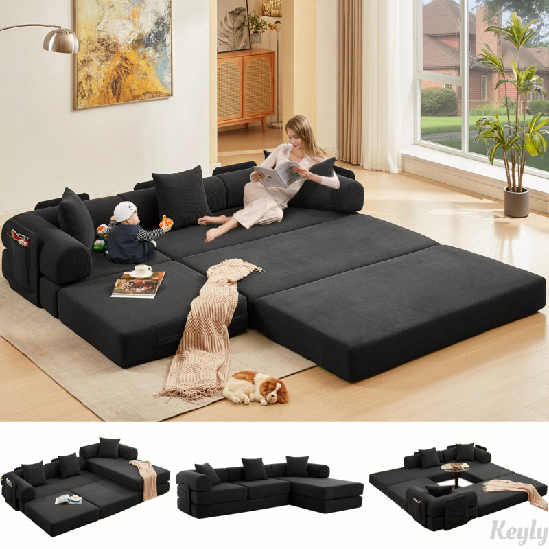 107'' Folding Cloud sofas Modular Sectional Sofa, DIY ,No Assembly, Black
