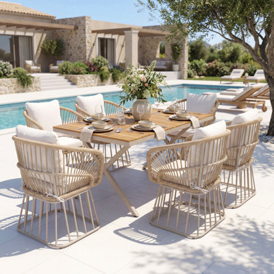 Ensemble repas d'extérieur 7 pièces - Table rectangulaire en bois de teck + 6 chaises en osier avec coussins, structure en acier beige, finition teck, parfait pour la terrasse, le patio ou le jardin