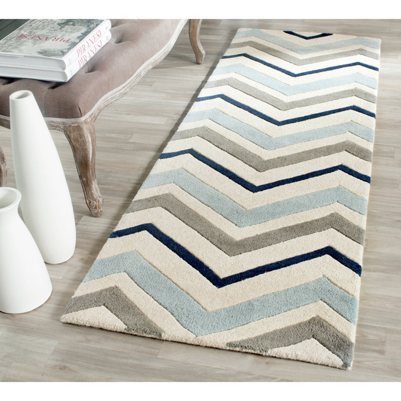 Tapis gris / bleu / beige en laine touffeté à la main Teresita, Tapis de couloir 2 pi 3 po x 7 pi