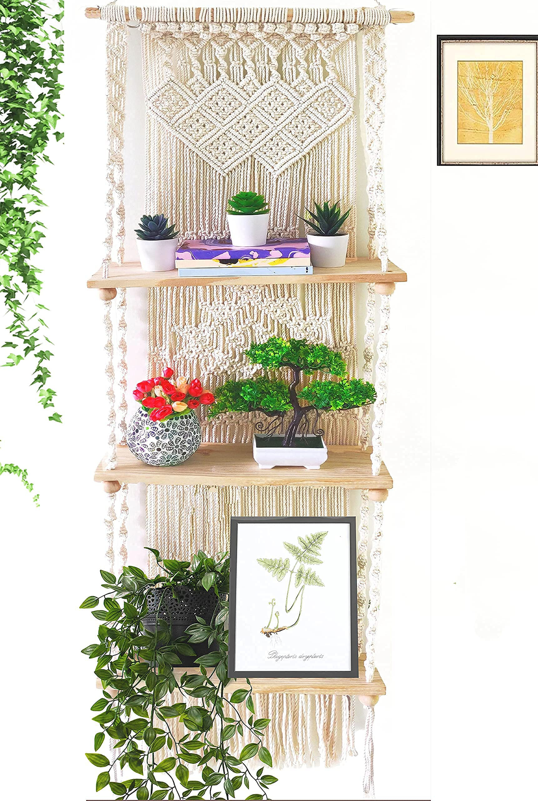 3 Tier Shelf Boho Decor, Wood Wall Shelf with Woven Rope, Rustic