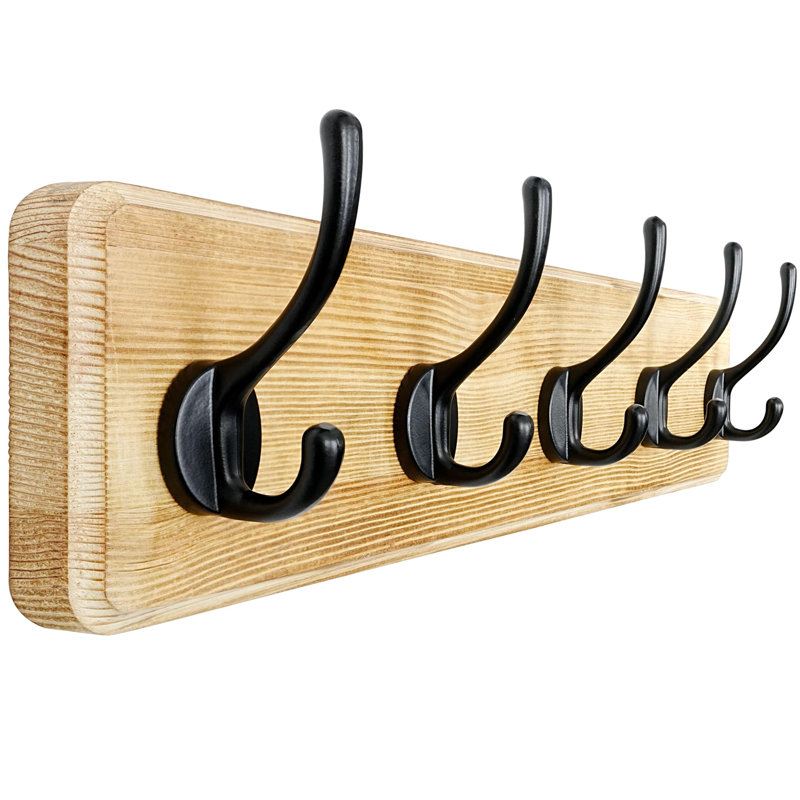 17.4" Long 5-Double-Hooks Wooden Coat Rack Wall Mount, Natural