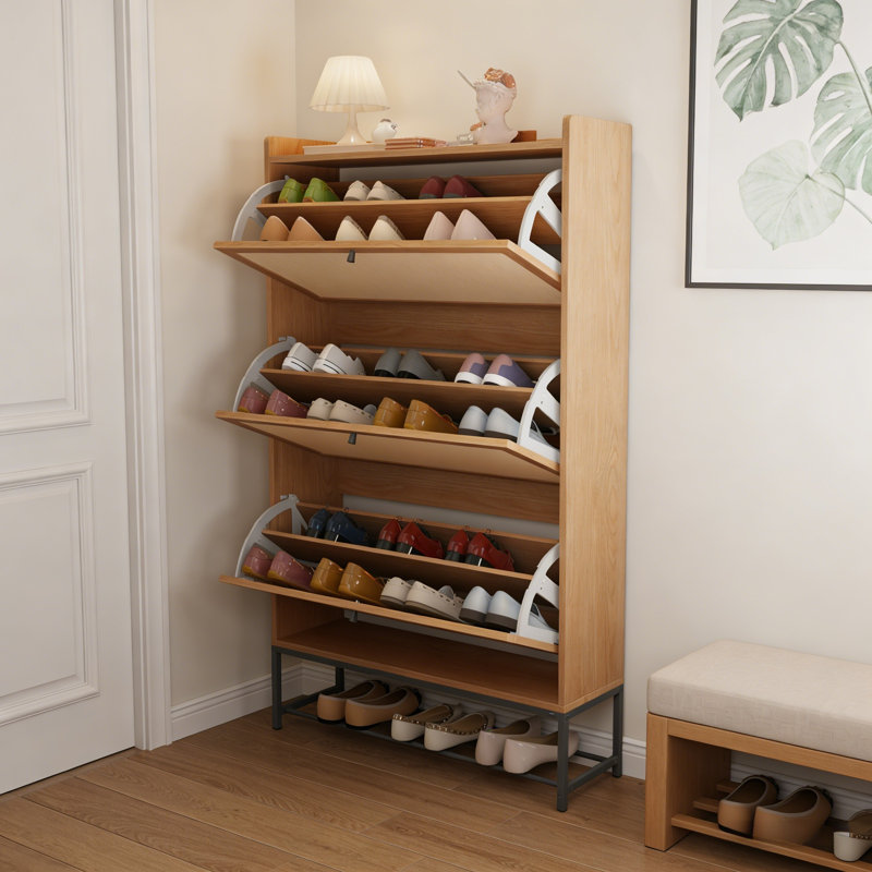 Modern Narrow Flip-Drawer Shoe Cabinet, Natural