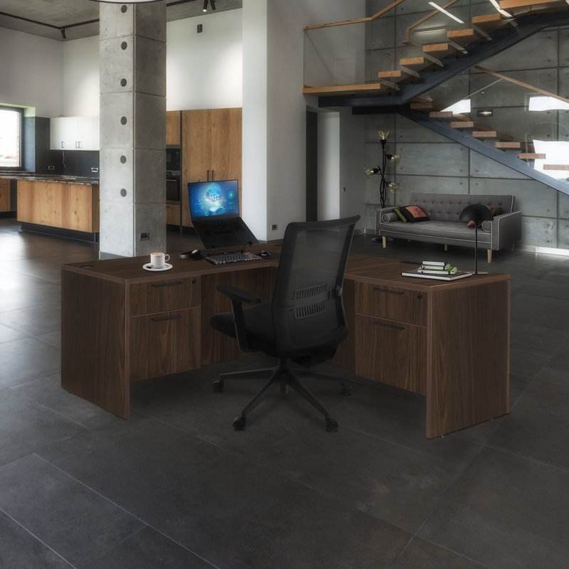 Nevjana L Desk with Double Pedestal Drawer Unit, 29" H x 71" W x 70" D, Neo Walnut
