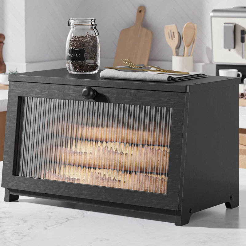 Wooden Bread Box For Kitchen Countertop, Large Capacity Kitchen Countertop Organizer, Stylish Bread Storage With Window, Black