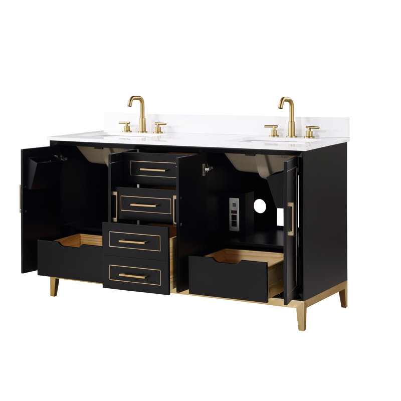 Gracie 60'' W Double Vanity, Midnight Black, White Quartz
