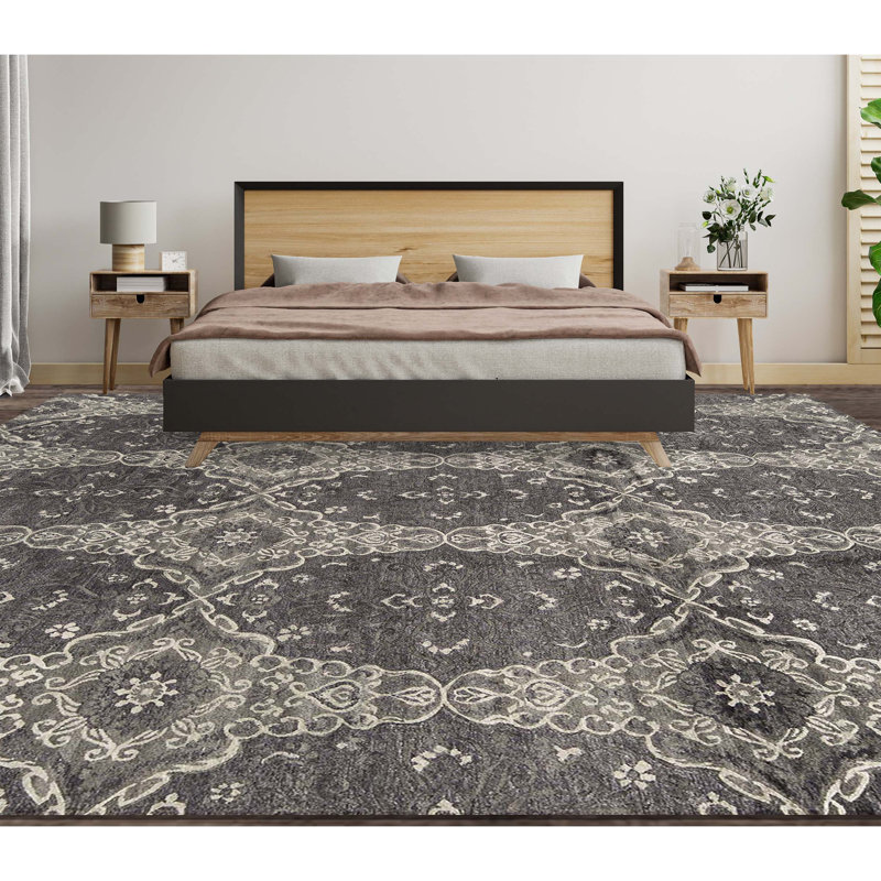 Wool Damask Area Rug in Charcoal/Ivory