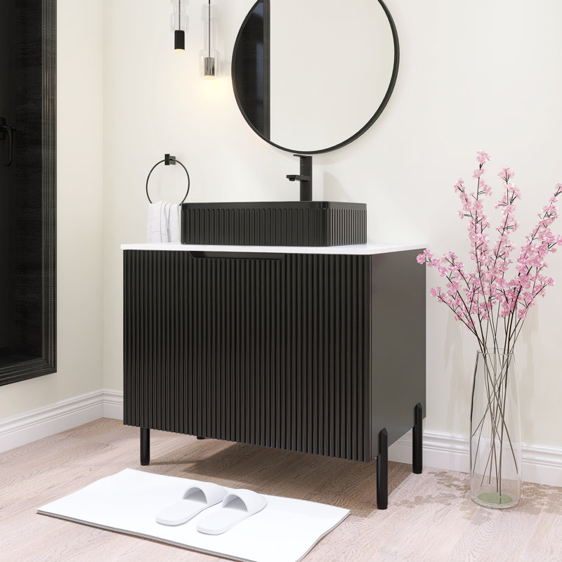 30 po Ensemble de meuble-lavabo simple sur pied Largeur avec lavabo vasque en céramique et comptoir blanc Carrara, Noir