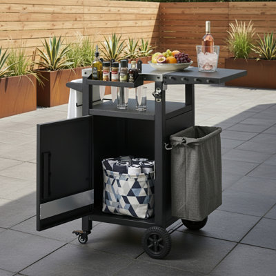 Outdoor Rolling Stainless Steel Top Kitchen Island With Drop Leaf And Storage Cabinet And Rack
