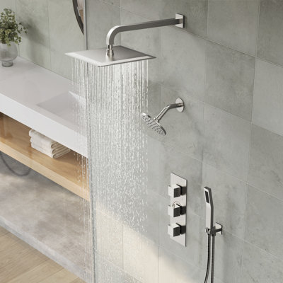 Système de pomme de douche thermostatique double, robinet de douche à pluie haute pression mural 12 "avec douchette