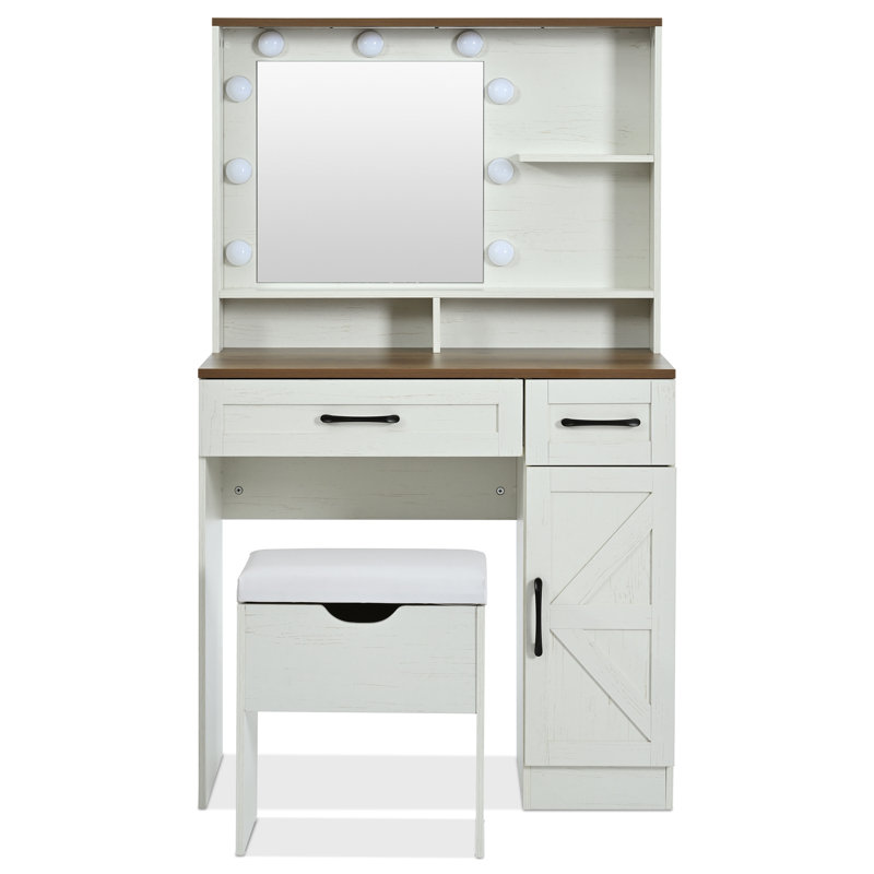 Bureau de meuble-lavabo blanc avec lumières, miroir, 3 modes, 2 tiroirs, tablettes réglables, armoire d'appoint et tabouret, pour la chambre à coucher,