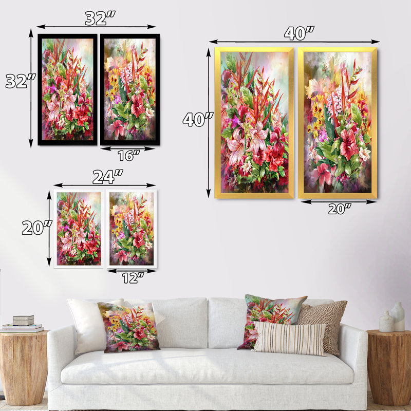 Ensemble de 2 peintures sur toile rétro multicolores printanières, H 32 po x l 32 po x P 1 po, Cadre photo doré