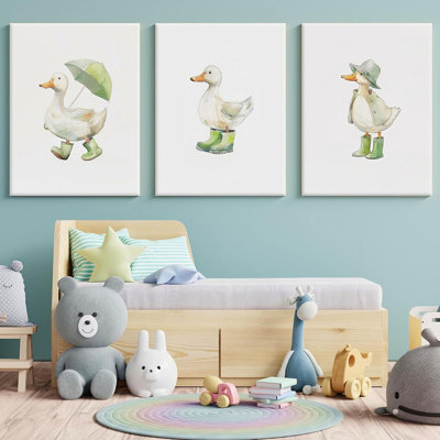 3Pcs Baby Animal Nursery Wall Art Funny Green Rain Gear Duck Painting Picture Wall Decor This Set Of 3 Happy Ducks Wearing Green Boots Poster Print Artwork For Kids Boys Room Bedroom Decorate,Framed