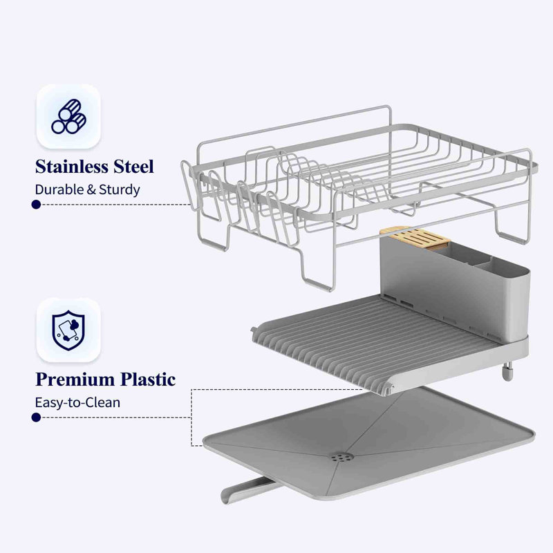 Gray Extendable Metal Dish Drying Rack with Utensil Cup