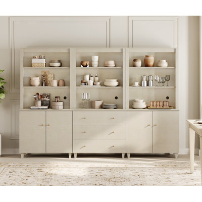 71" Tall Pantry Cabinet Set Of 3, Kitchen Storage Pantries With 2 Cabinets And 3 Drawers, Modern Modular Storage Cabinets With Open Display Shelves And Doors For Dining Room