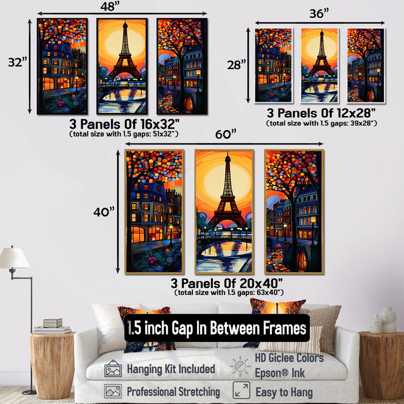 Coucher de soleil jaune et rouge sur Paris - Art mural de la ville de Paris, H 28 po x l 36 po x P 1 po, Cadre flottant noir