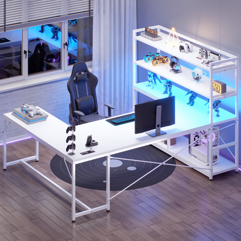 63'' Reversible Computer Desk With LED Power Outlet And Storage Shelves, White/White