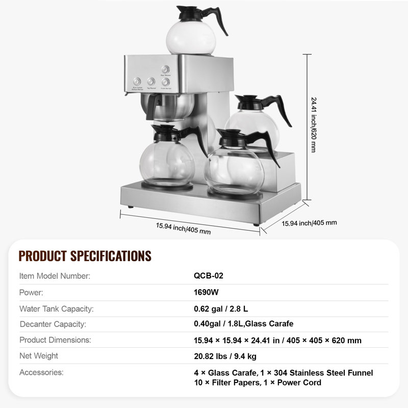 Commercial Drip Coffee Maker, 12 Cups Coffee-Maker Machine with 4 Glass Carafes and 4 Decanter Warmer Plates, Stainless Steel Drip Style Coffee Brewer, for Restaurant, Office, Coffee Shop & Home