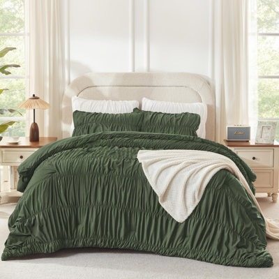 Andency Ruched Olive Oversized Queen Comforter Set, Pleated Bedding Sets 3 Pieces, Lightweight Soft Boho Ruffle Bed Set for Girls, Kids, Women, All Season