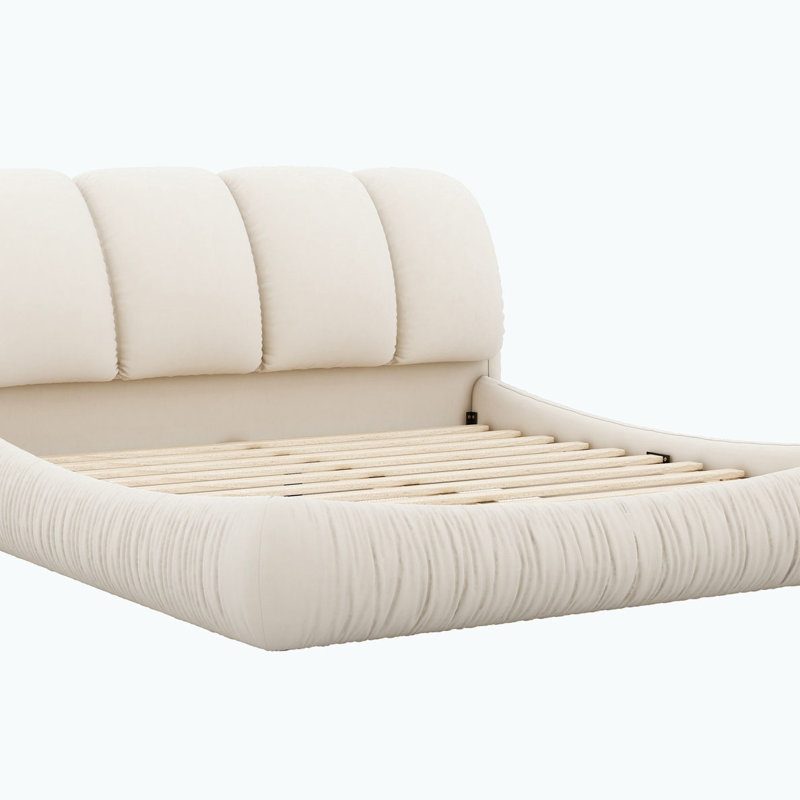 Amza Luxury Upholstered Bed With Thick Headboard, Vegan Leather Bed with Oversized Padded Backrest, King, Beige