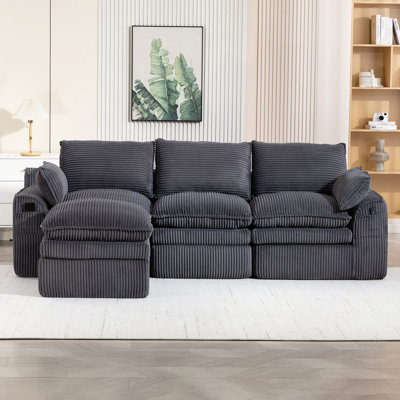 Canapé modulaire en L compressé en forme de L avec coussins rembourrés en velours côtelé avec repose-pieds mobile, avec trois coussins et deux coussins lombaires, coussins de siège amovibles en nuage
