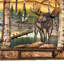 Sculpture murale rustique en bois brun brillant représentant un orignal dans une forêt de bouleaux, avec cadre en écorce, 93 cm de large