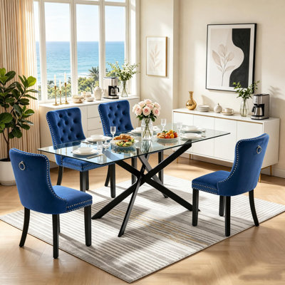 Ensemble de salle à manger rectangulaire 5 pièces (155 cm), table de cuisine moderne en verre et métal avec 4 chaises capitonnées en velours pour salle à manger