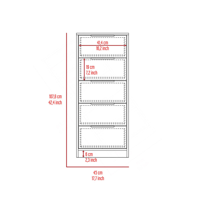 Commode verticale H 42 po, 5 tiroirs, commode verticale / chêne fumé