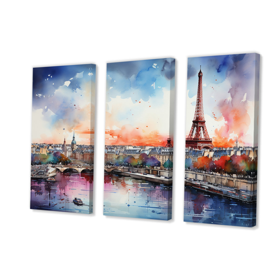 " Paris Skyline Eiffel Tower Vibrant Watercolor II " 3 - Pieces Painting Print Design Art 