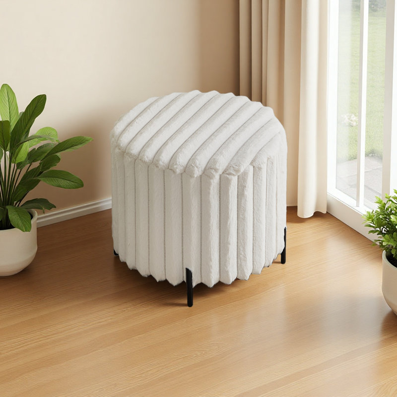 22.05"Wide Upholstered Round Pouf Ottoman Foot Rest With Black Metal Legs,Faux Fur Footstool For Living Room Bedroom Entryway