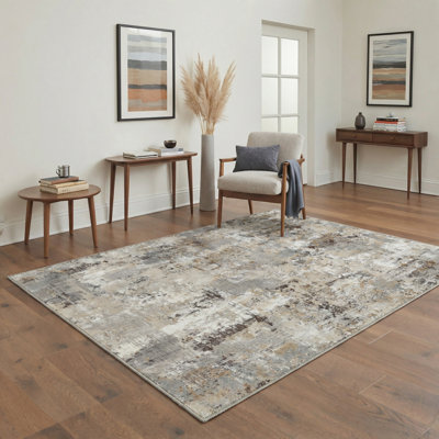 Mignone Ebon Abstract Machine Washable Grey / Brown Indoor Area Rug with Non-Slip Backing
