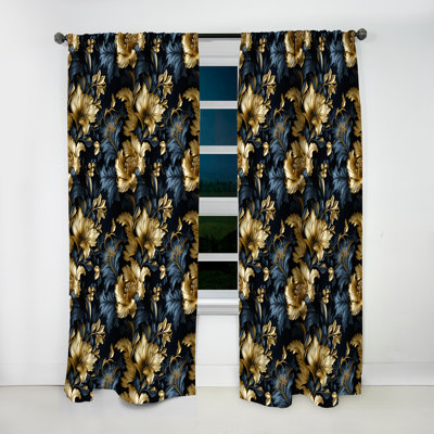 Dark Blue And Golden Gilded Damask Glamour I - Bohemian Velvet Curtain - Room Darkening - 1 Panel