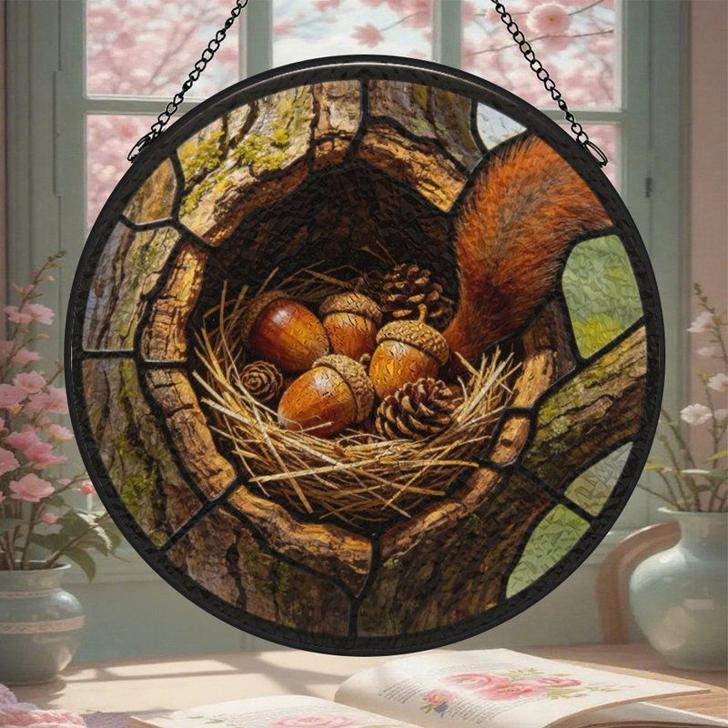 Écureuil, queue, glands, pommes de pin, nid, arbre, vitrail creux, panneaux de verre pour décoration de fenêtre