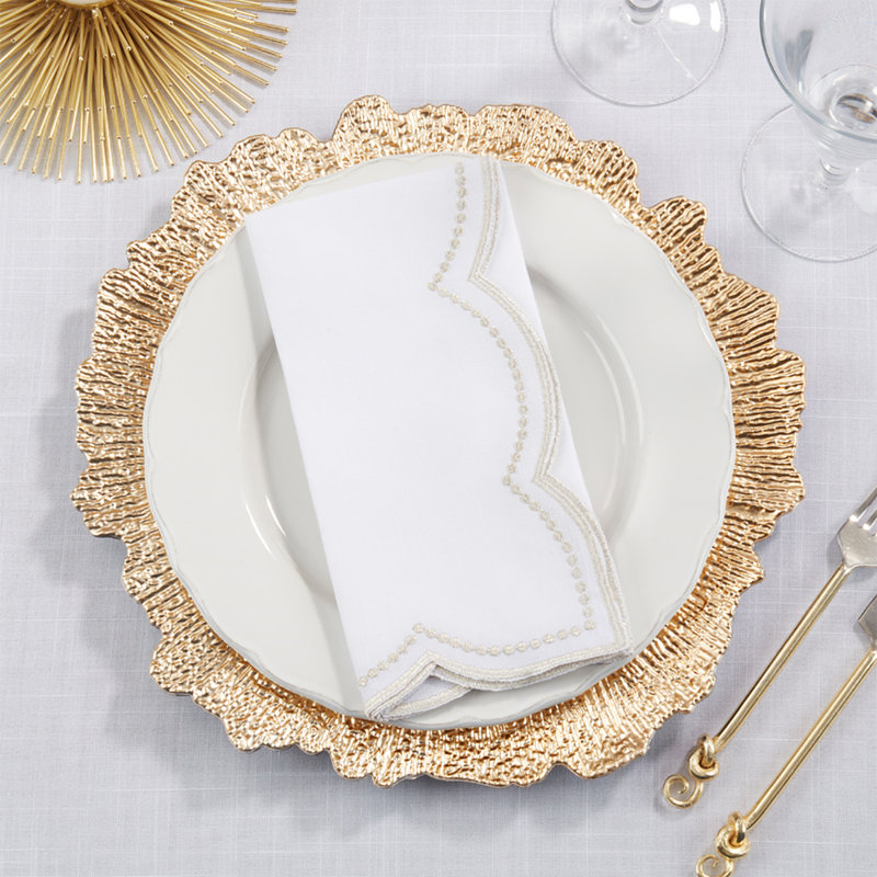 Champagne Embroidered Polka Dot Scallop Border Cloth Napkins 20" W X 20" L, Set Of 4, Champagne