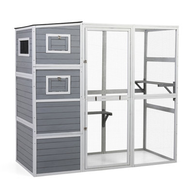 Gray Wooden Cat Enclosure With Waterproof Asphalt Plank Roof And Joyous Platforms - For Pet Delight House Elevated Roof, 4 Enjoyment Area For Cats, Ra