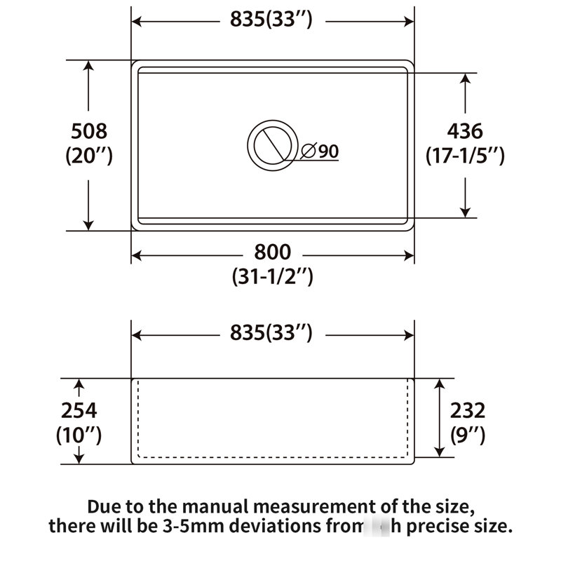 33 po X 20 po Station de travail d'évier en céramique blanche - Bol simple pour économiser de l'espace dans la cuisine et améliorer la performance de la ferme avec résistance aux dommages
